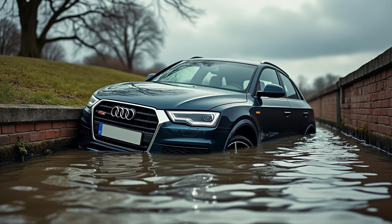 découvrez l'incident surprenant d'une audi q3 qui a terminé sa course dans un canal après avoir percuté un autre véhicule et endommagé une rambarde. un récit captivant sur les conséquences d'une conduite imprudente.