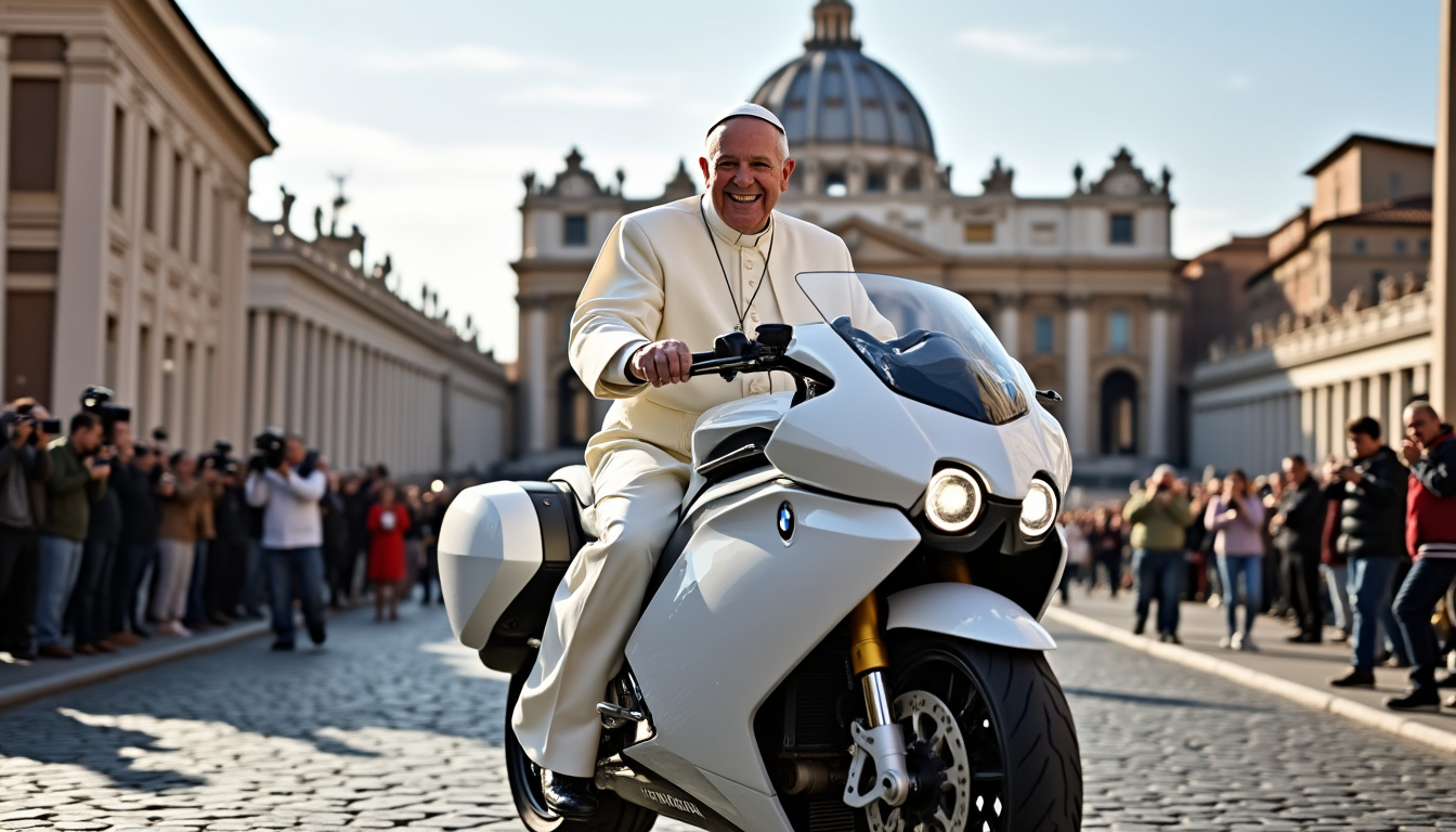 découvrez l'image insolite et moderne du pape léon xiv chevauchant une moto bmw r18 transcontinental. la papamobile se réinvente avec style pour surprendre fidèles et passionnés de deux-roues !