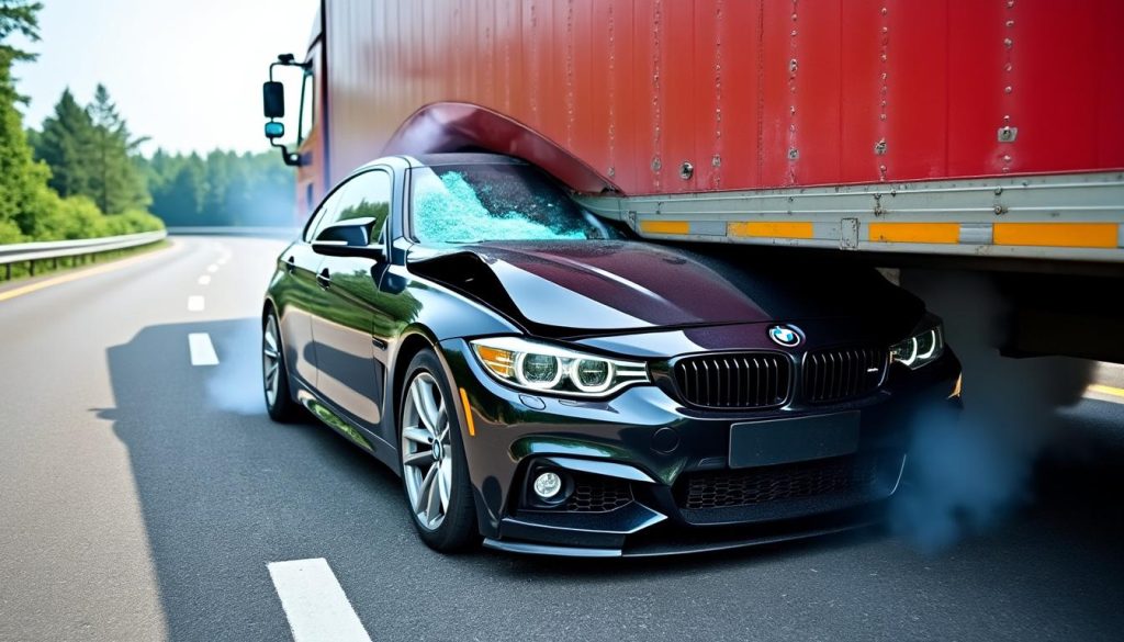 découvrez l'accident choc où une bmw lancée à grande vitesse s'est retrouvée tragiquement coincée sous un camion. récit, circonstances et témoignages sur ce drame automobile.