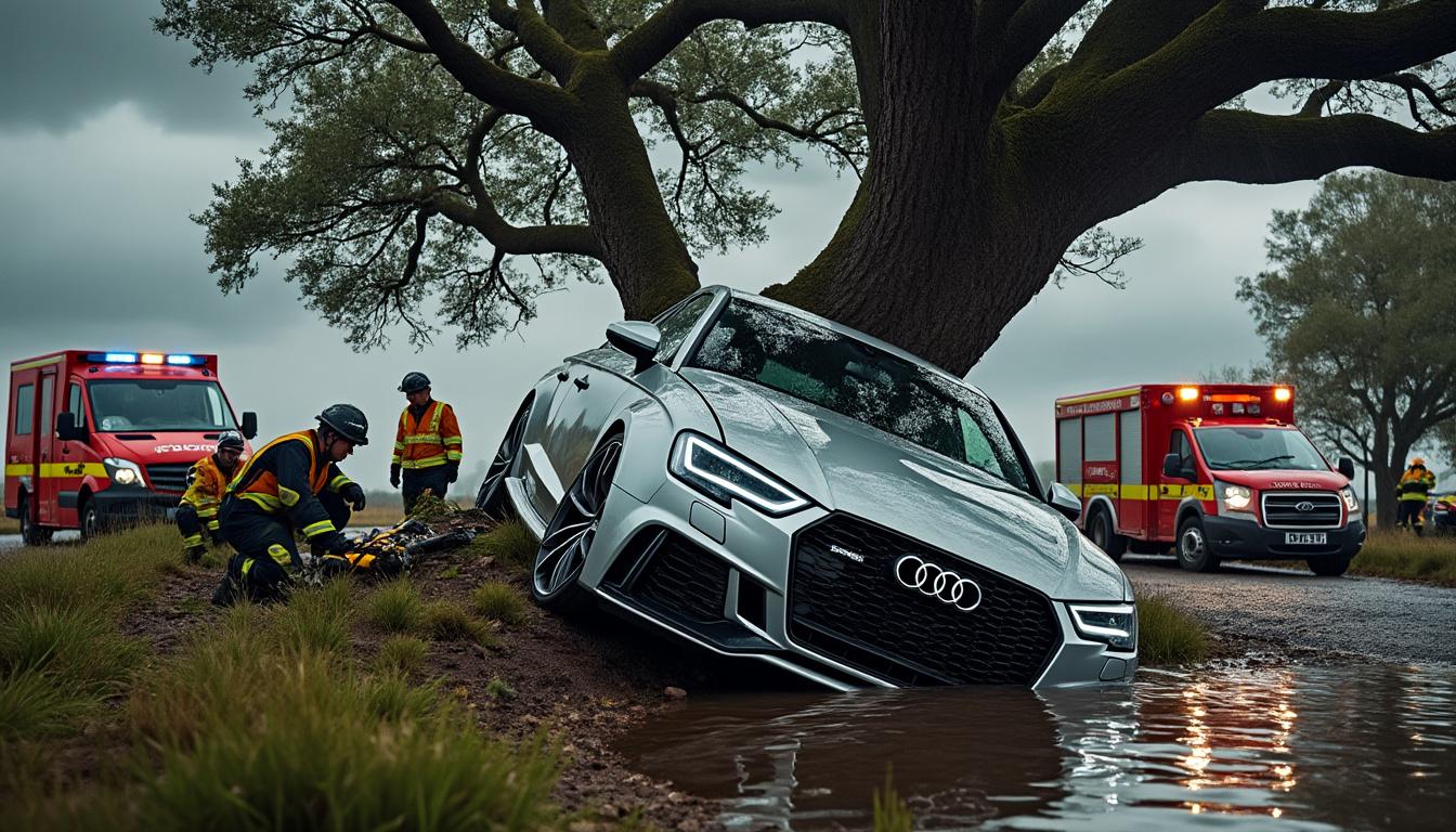 une audi rs3 roulant à 256 km/h filme son dramatique accident sur snapchat, percutant un arbre et provoquant un décès ainsi que trois blessés.