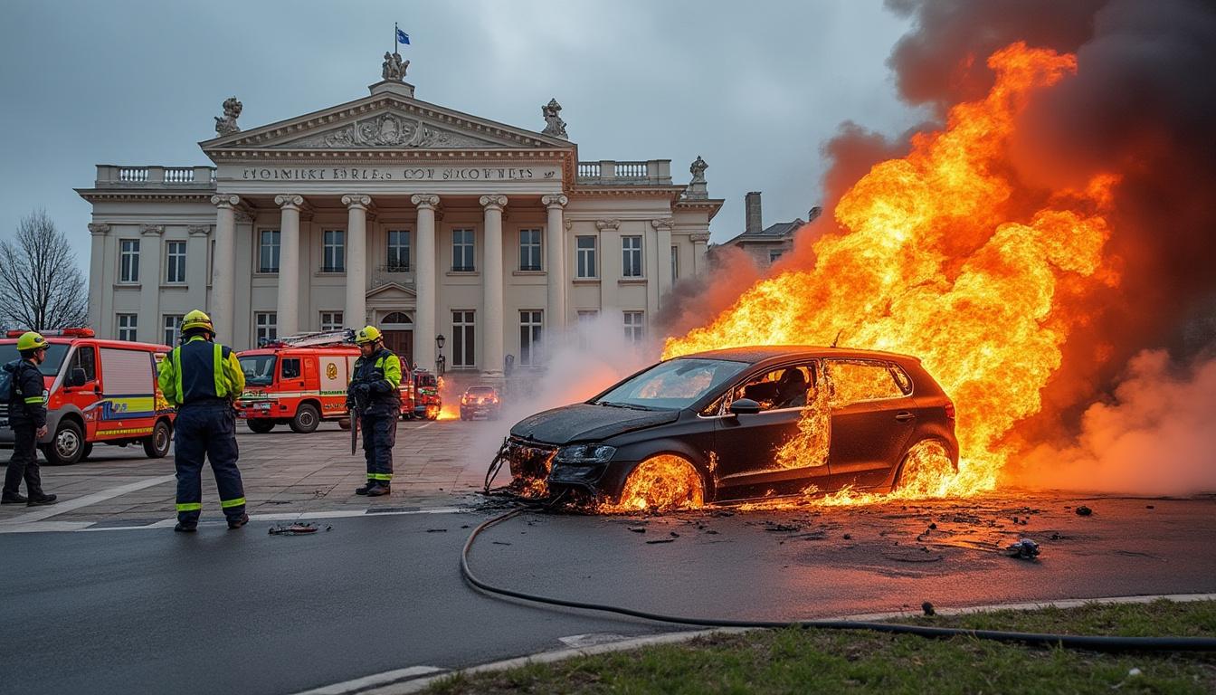 un incendie spectaculaire ravage une voiture devant le palais de justice de saintes, mobilisant rapidement les secours et attirant de nombreux témoins.