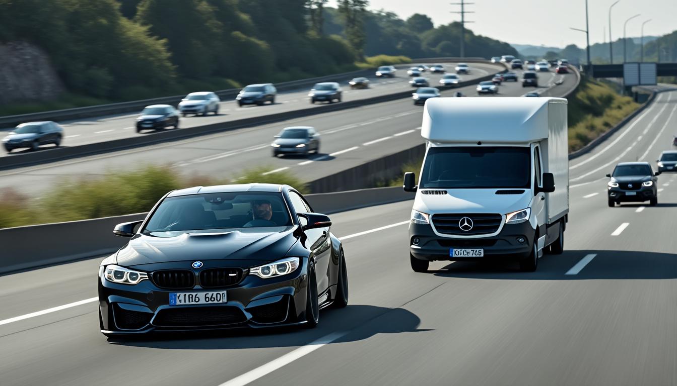 un automobiliste au volant d'une bmw évite de justesse un accident en bloquant une camionnette qui tentait de le doubler dangereusement sur l'autoroute.