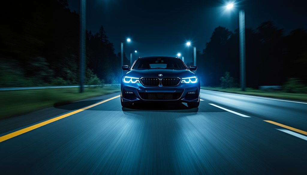 en pleine nuit, un automobiliste fonce à près de 200 km/h au volant de sa bmw sur une route, au mépris de tous les dangers.